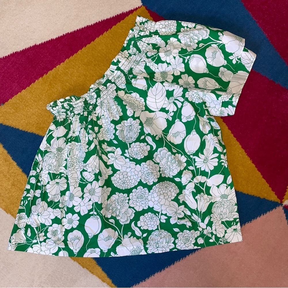 J. Crew Smocked One Shoulder Kelly Green Floral Blouse Top Small - Picture 2 of 8